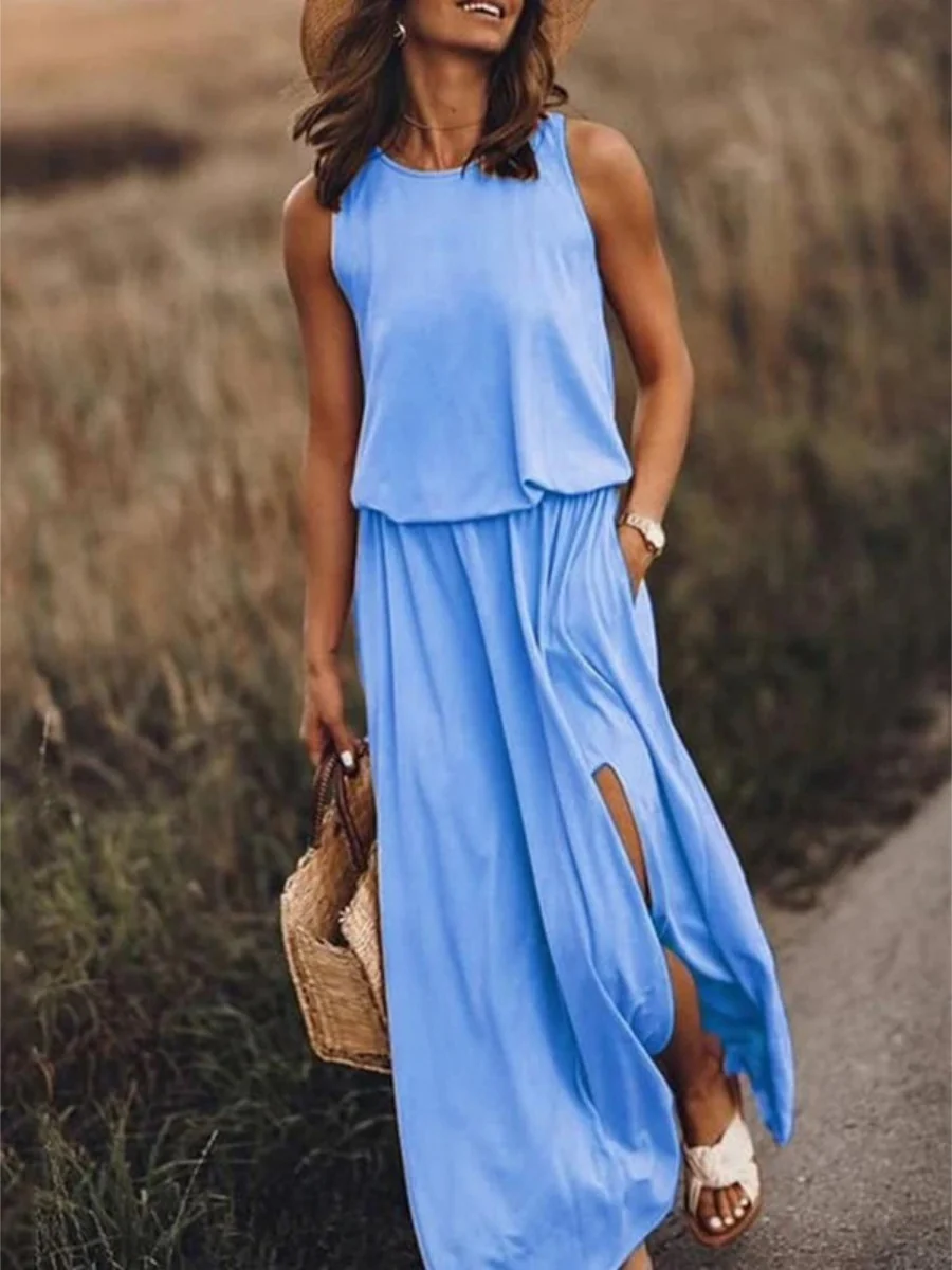Round Neck Sleeveless Slit Long Dress - Image 9