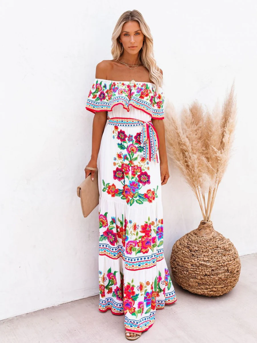 Off-the-shoulder Red Floral Print Maxi Dress - Image 2