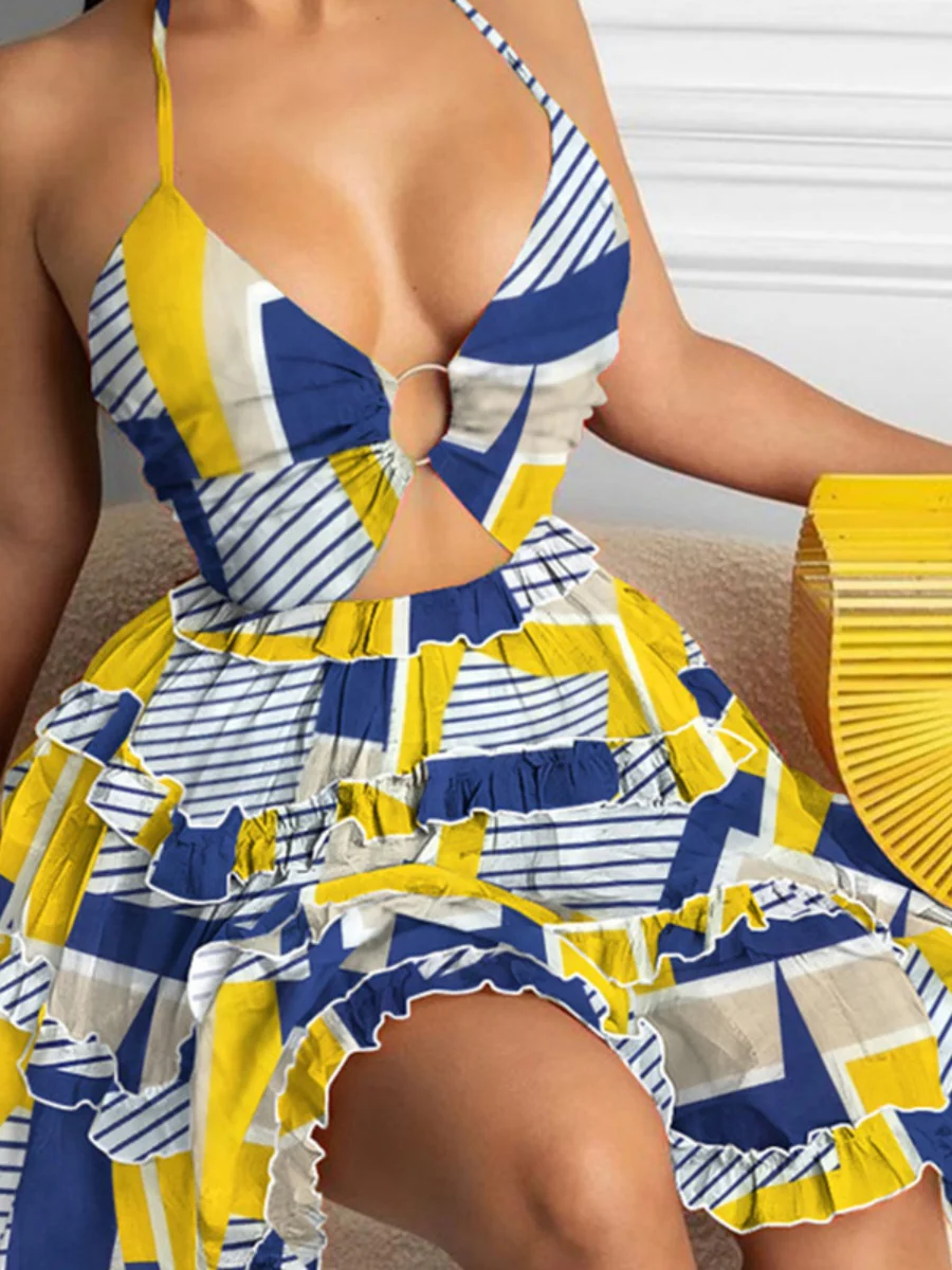 Hollow Halter Ruffle Cake Skirt Mini&Short Dresses - Image 6