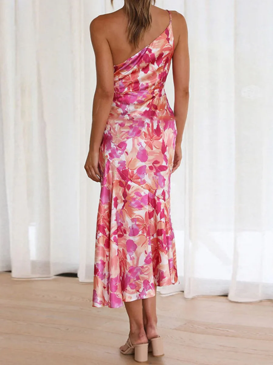 Sloping Shoulders Printed Temperament Fishtail Midi Dresses - Image 2
