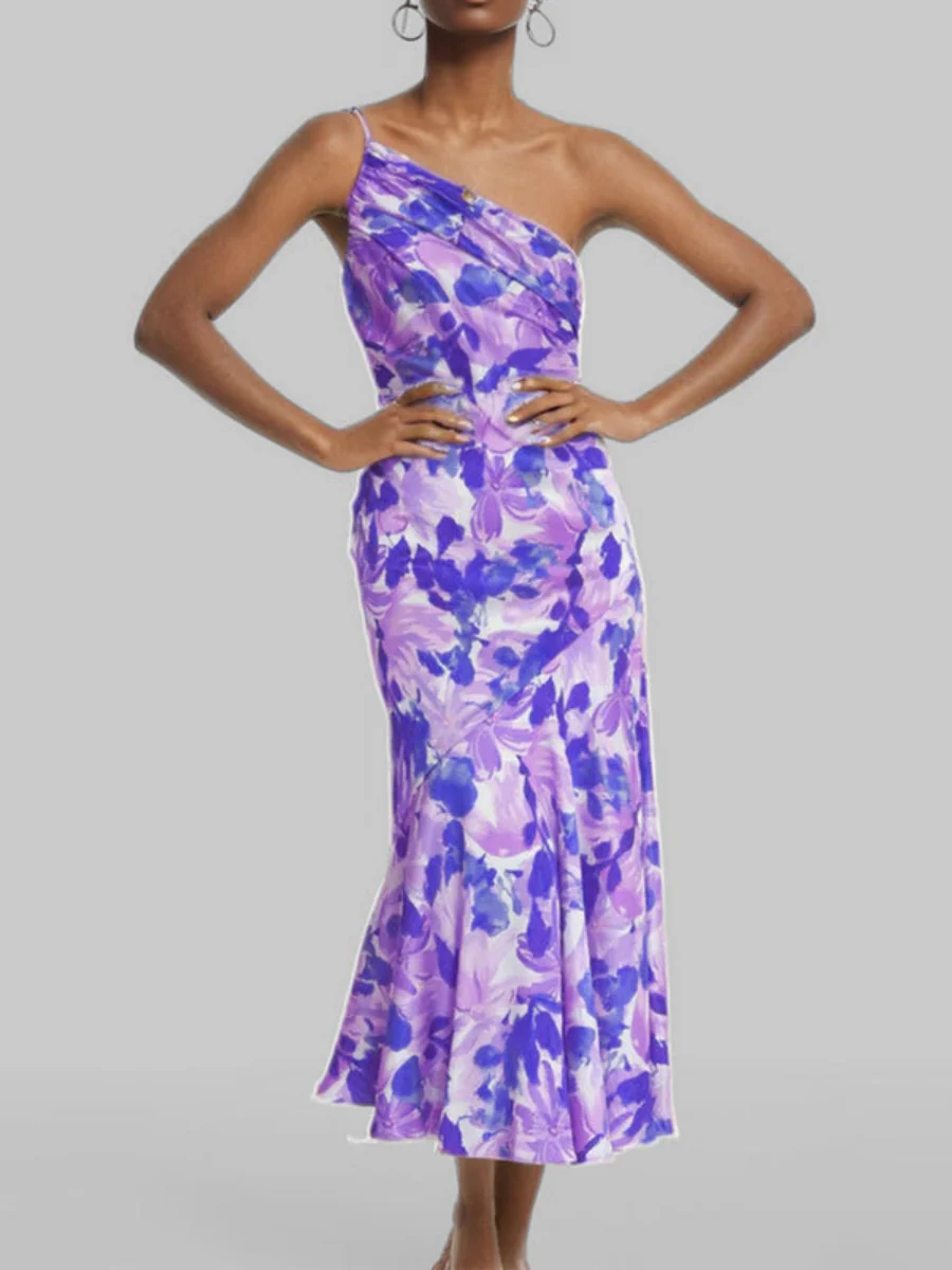 Sloping Shoulders Printed Temperament Fishtail Midi Dresses - Image 3