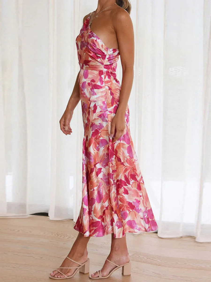 Sloping Shoulders Printed Temperament Fishtail Midi Dresses - Image 4