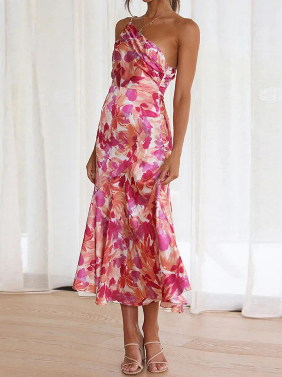 Sloping Shoulders Printed Temperament Fishtail Midi Dresses - Image 5