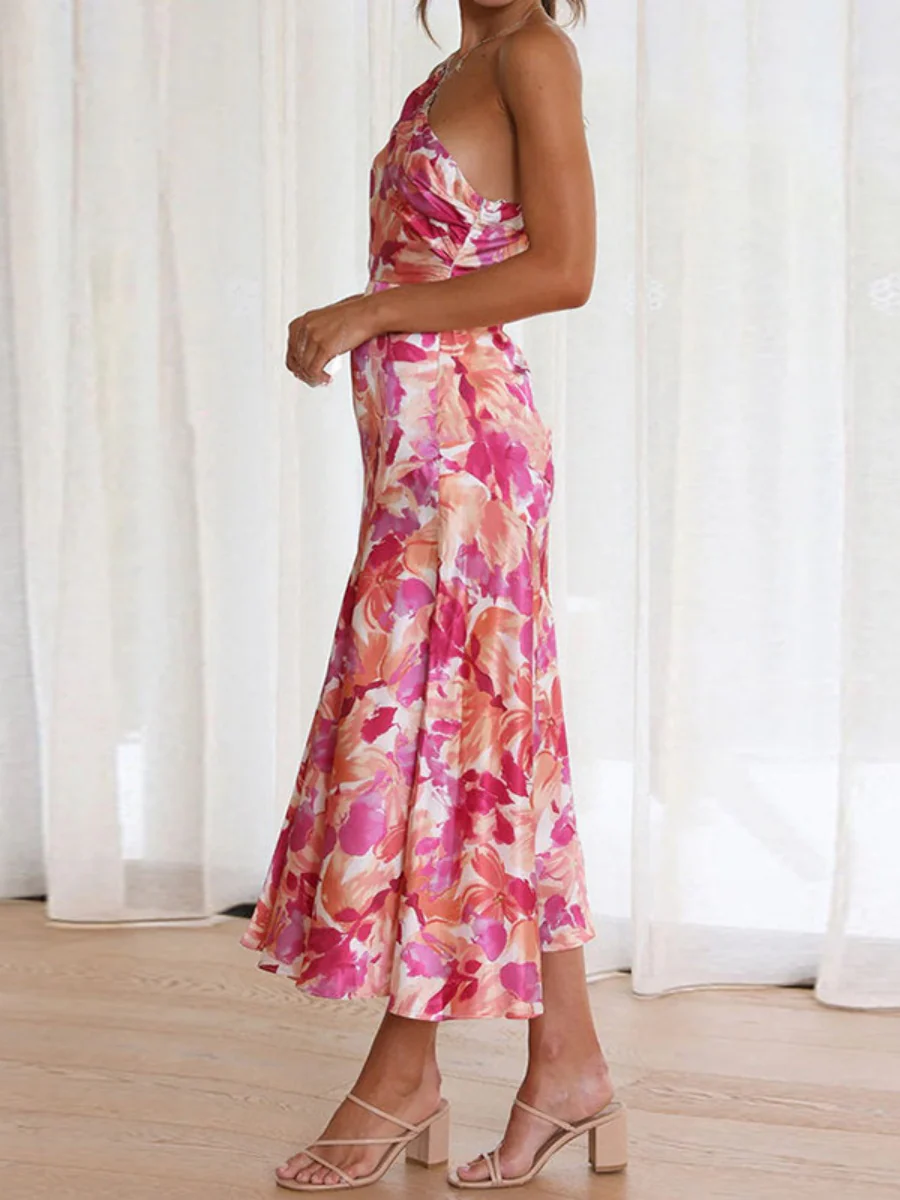 Sloping Shoulders Printed Temperament Fishtail Midi Dresses - Image 7