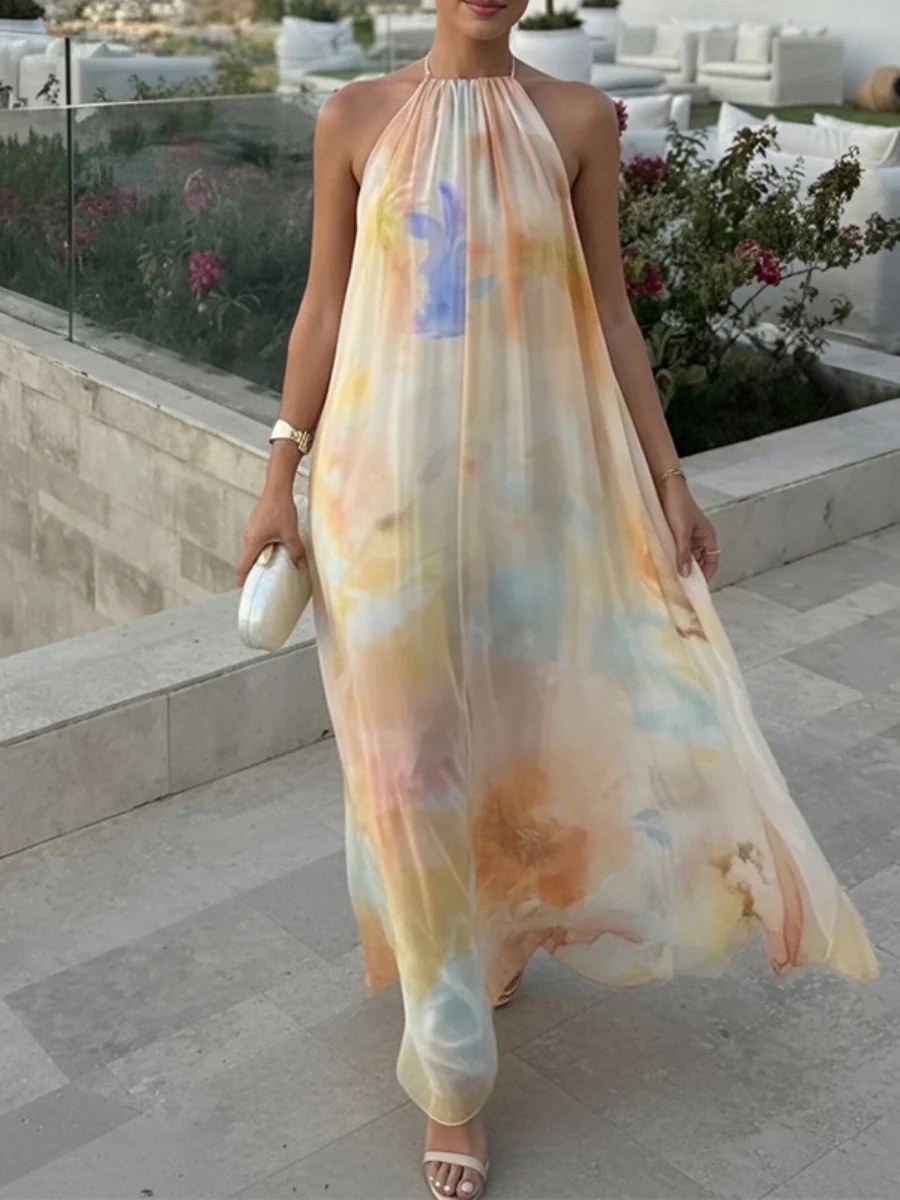Halter Big Backless Bandage Loose-fit Printed Maxi Dresses - Image 4