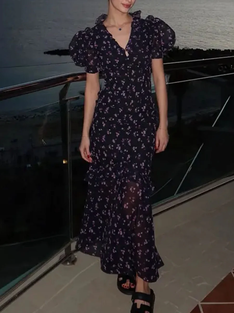 Printed Chiffon Temperament Wood Ear V-neck Puff Sleeve Maxi Dresses - Image 2