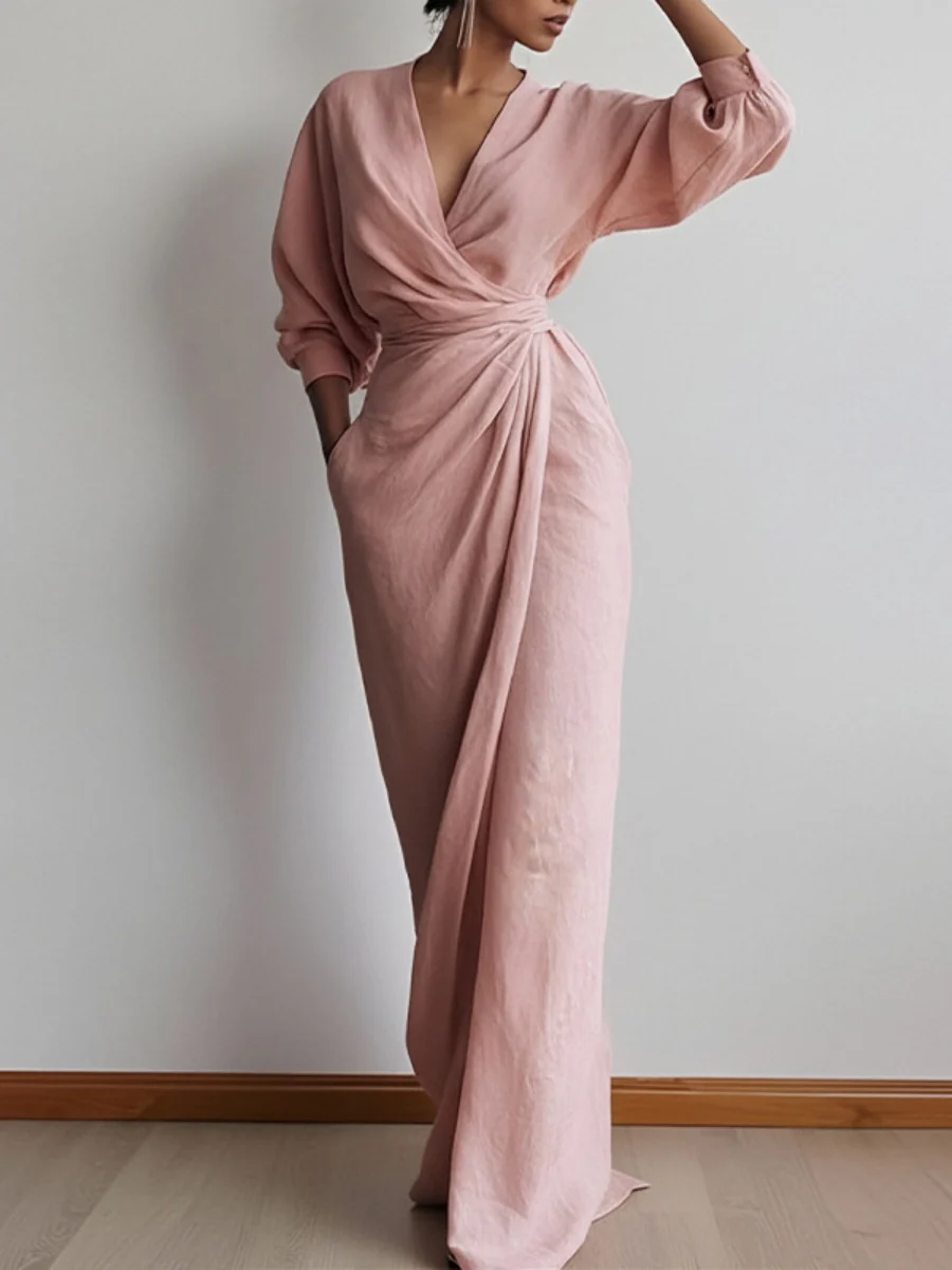 V-neck Waist Wrap Grace Temperament Maxi Dresses