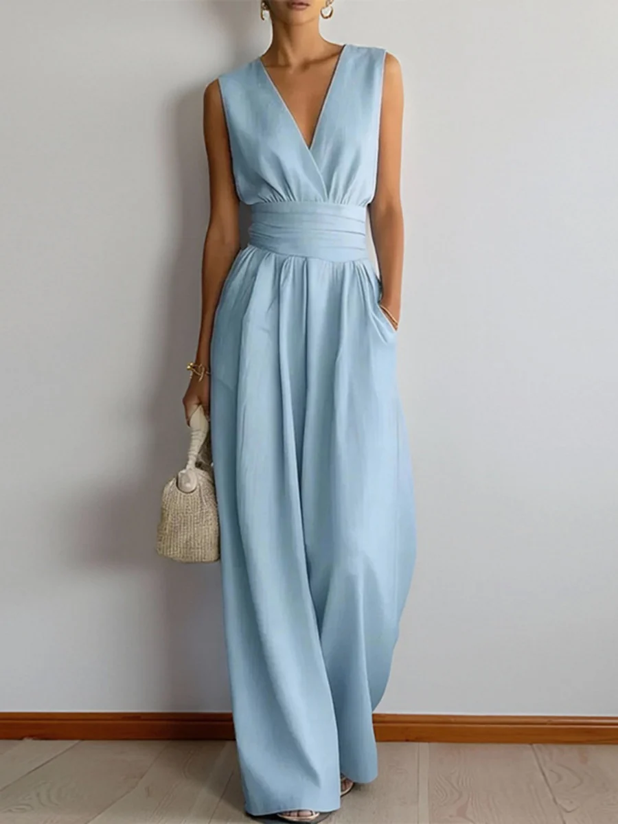 V-neck Waist Wide-leg Pants Sleeveless Temperament Grace Commuting Jumpsuits - Image 2