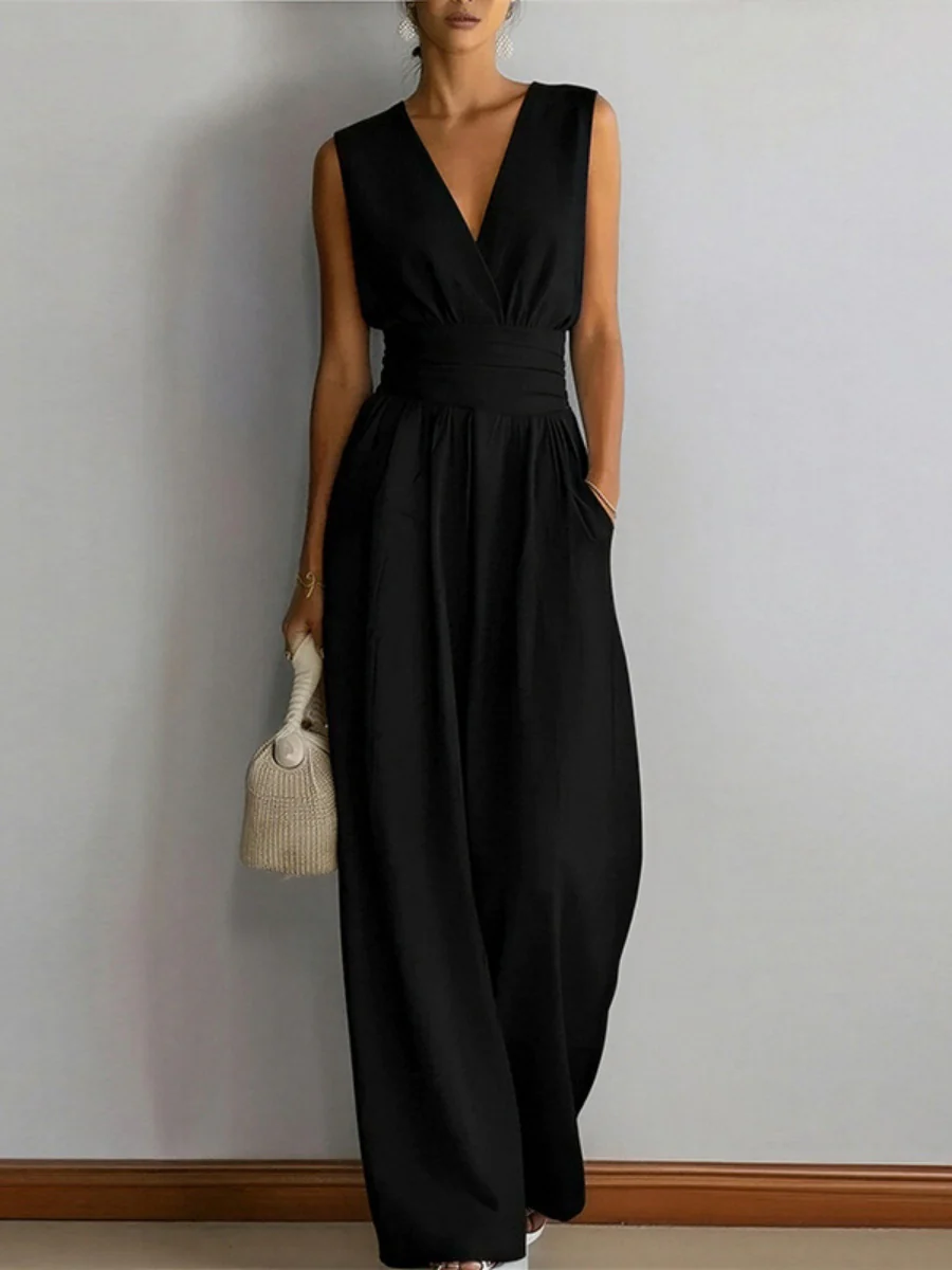 V-neck Waist Wide-leg Pants Sleeveless Temperament Grace Commuting Jumpsuits - Image 3