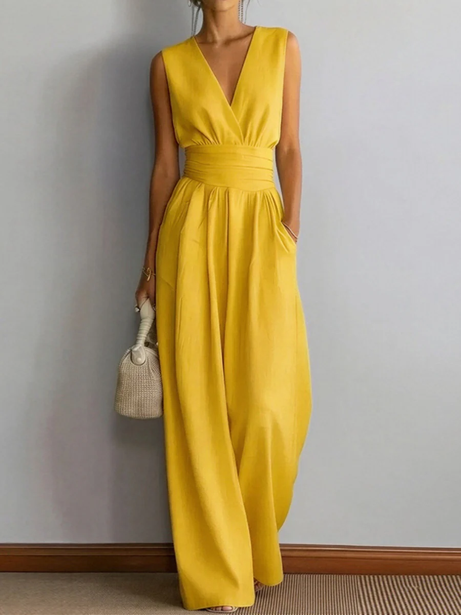 V-neck Waist Wide-leg Pants Sleeveless Temperament Grace Commuting Jumpsuits - Image 4