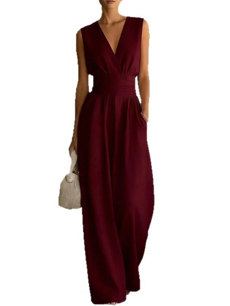 V-neck Waist Wide-leg Pants Sleeveless Temperament Grace Commuting Jumpsuits - Image 5