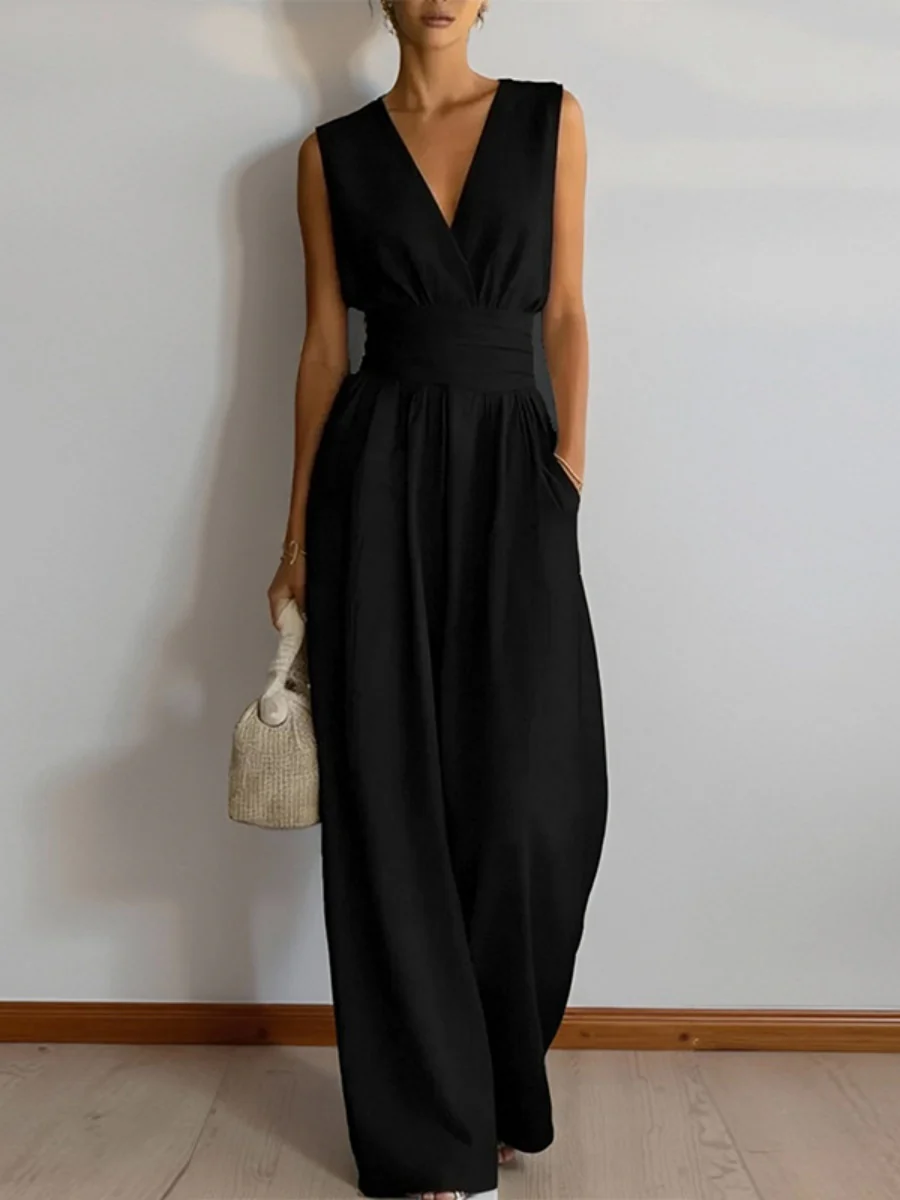 V-neck Waist Wide-leg Pants Sleeveless Temperament Grace Commuting Jumpsuits - Image 6