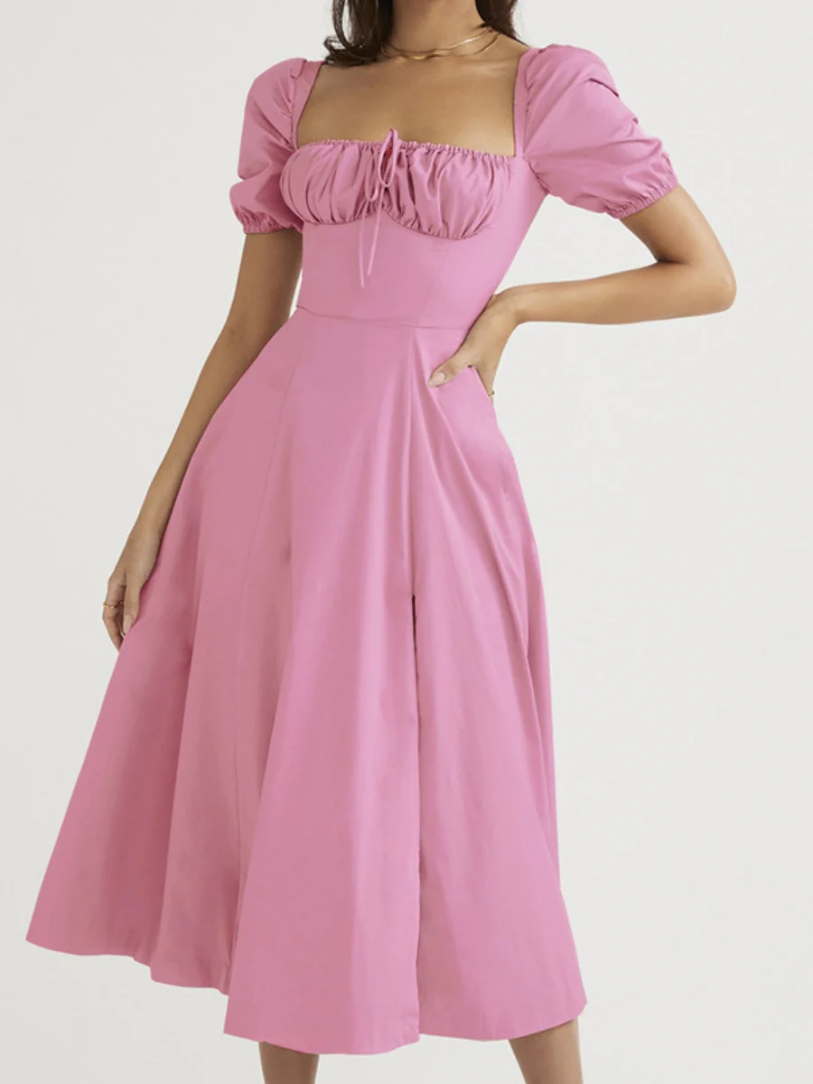 Square Collar Bandage Puff Sleeve Slit Midi Dresses - Image 11