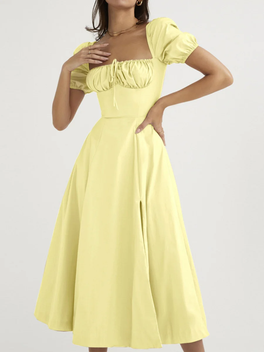 Square Collar Bandage Puff Sleeve Slit Midi Dresses - Image 14