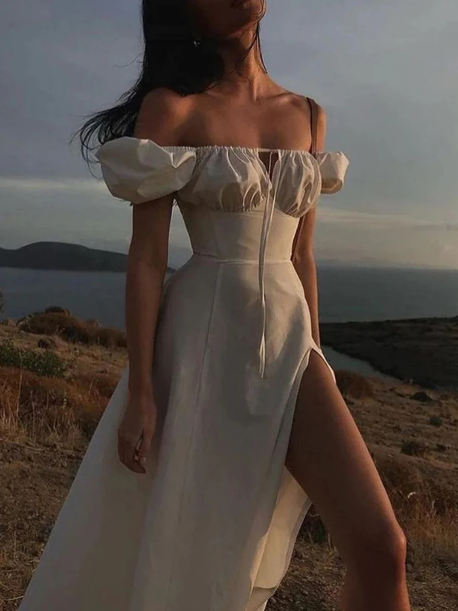 Square Collar Bandage Puff Sleeve Slit Midi Dresses - Image 2
