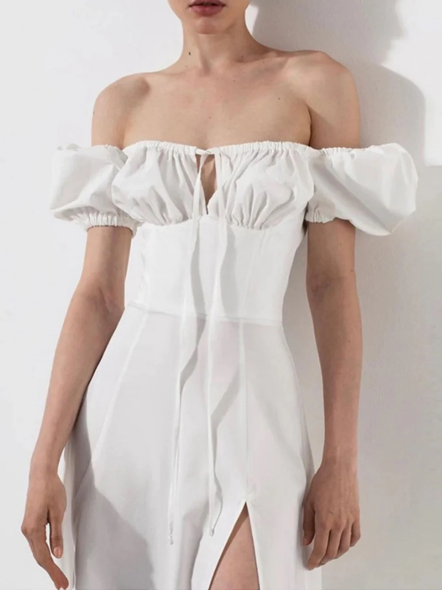 Square Collar Bandage Puff Sleeve Slit Midi Dresses - Image 3