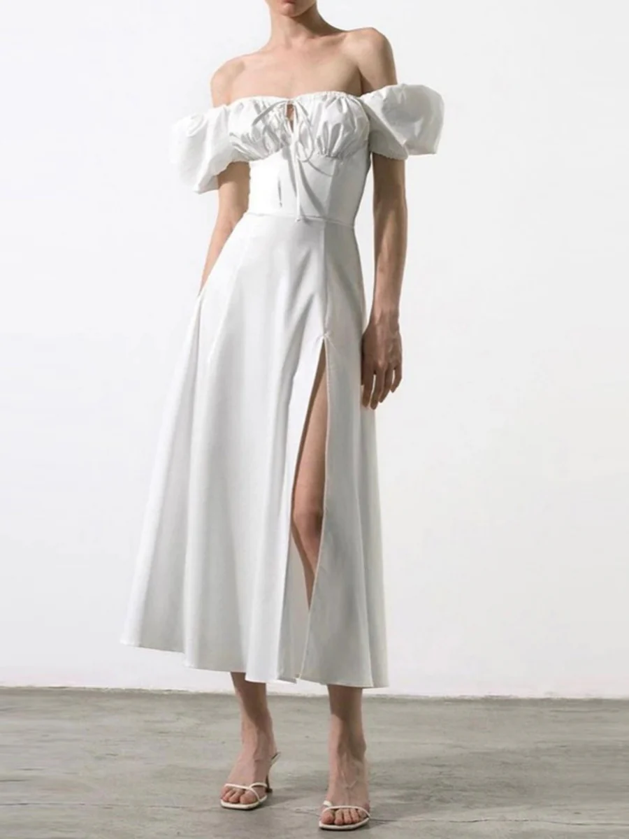 Square Collar Bandage Puff Sleeve Slit Midi Dresses - Image 5