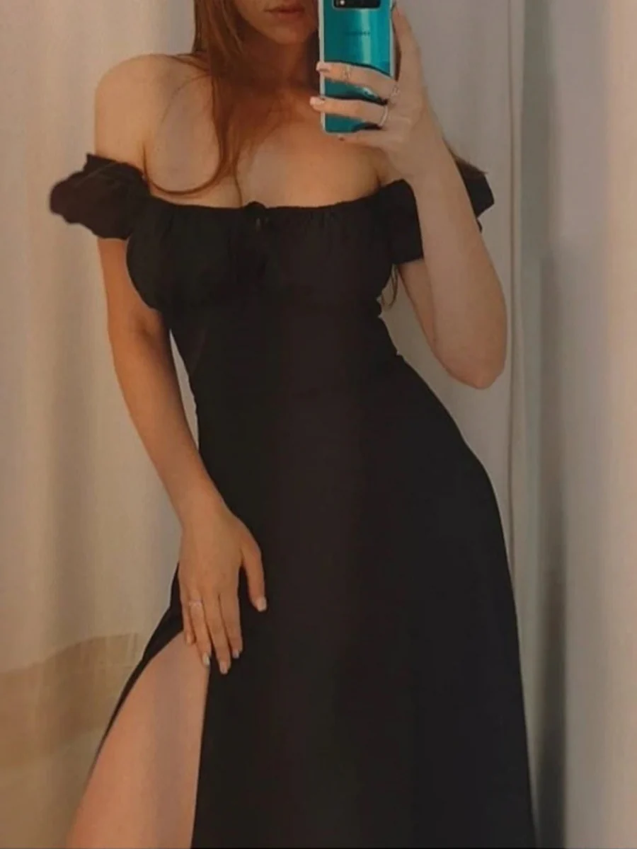 Square Collar Bandage Puff Sleeve Slit Midi Dresses - Image 6