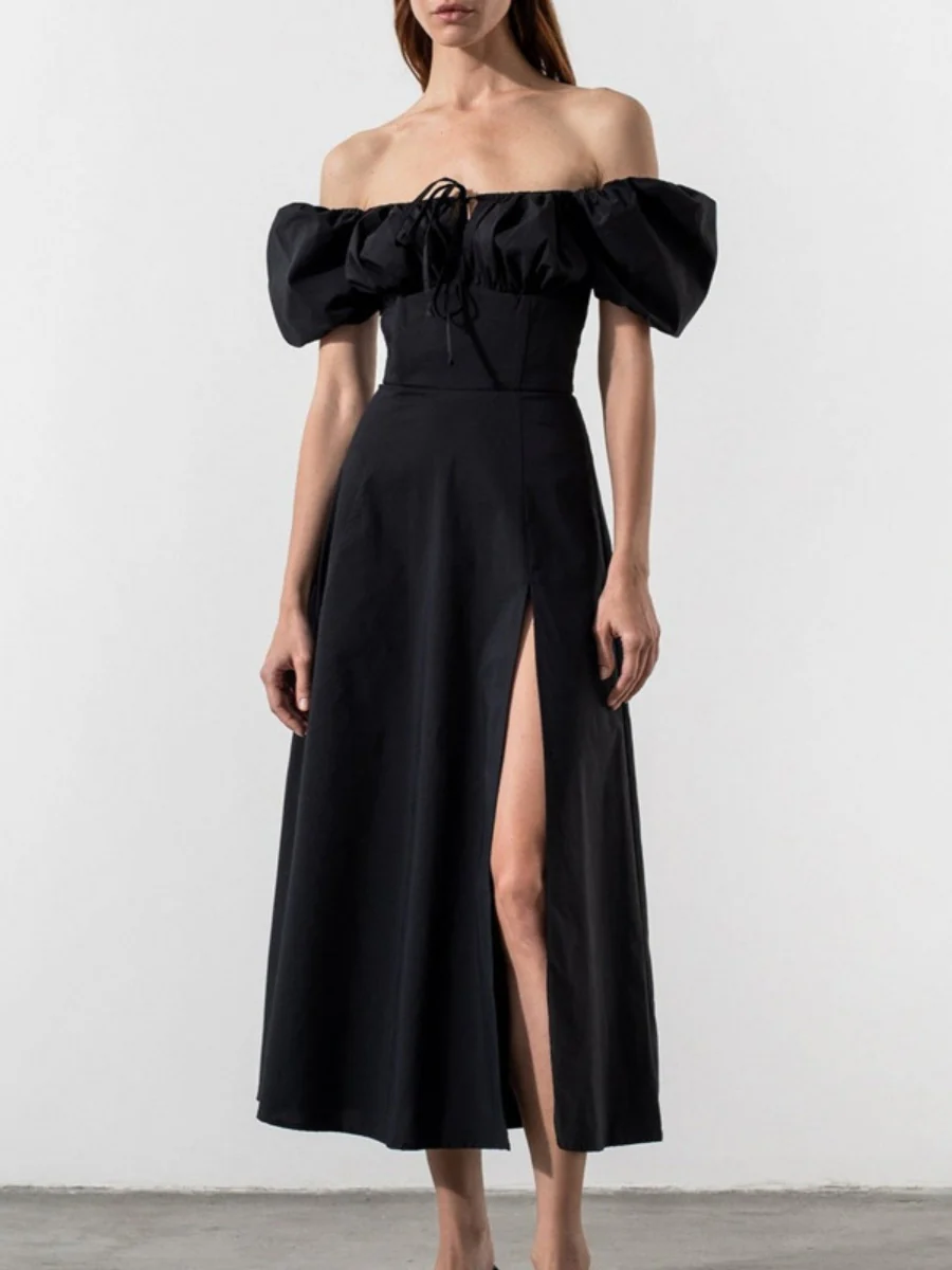 Square Collar Bandage Puff Sleeve Slit Midi Dresses - Image 7