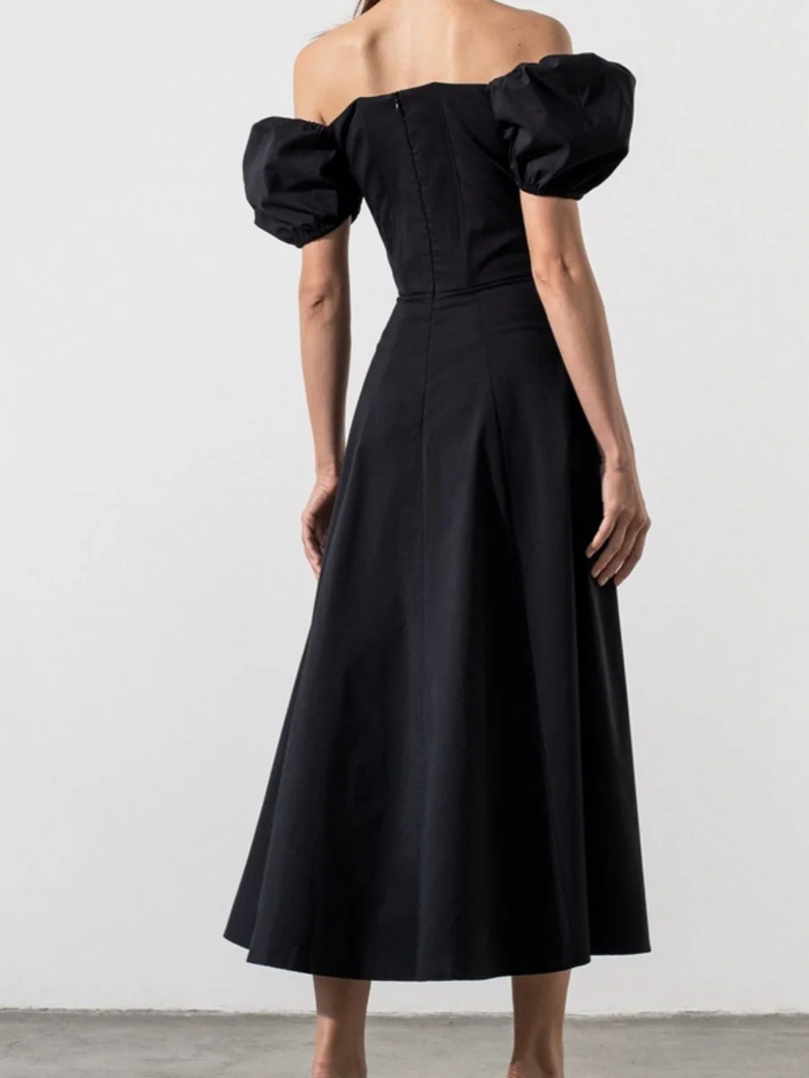 Square Collar Bandage Puff Sleeve Slit Midi Dresses - Image 8