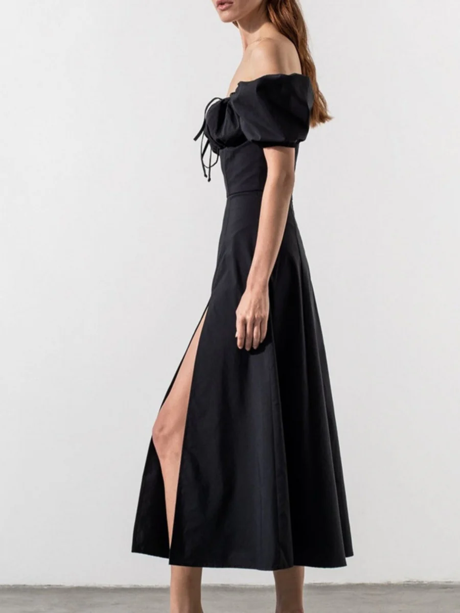 Square Collar Bandage Puff Sleeve Slit Midi Dresses - Image 9