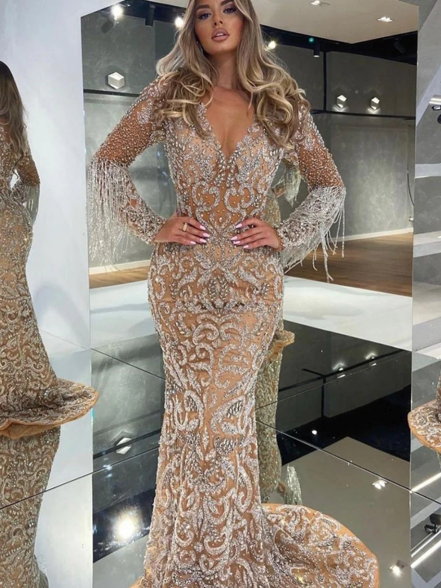 Deep V-neck Fishtail Sprinkled Gold Tassel Maxi Dresses - Image 2