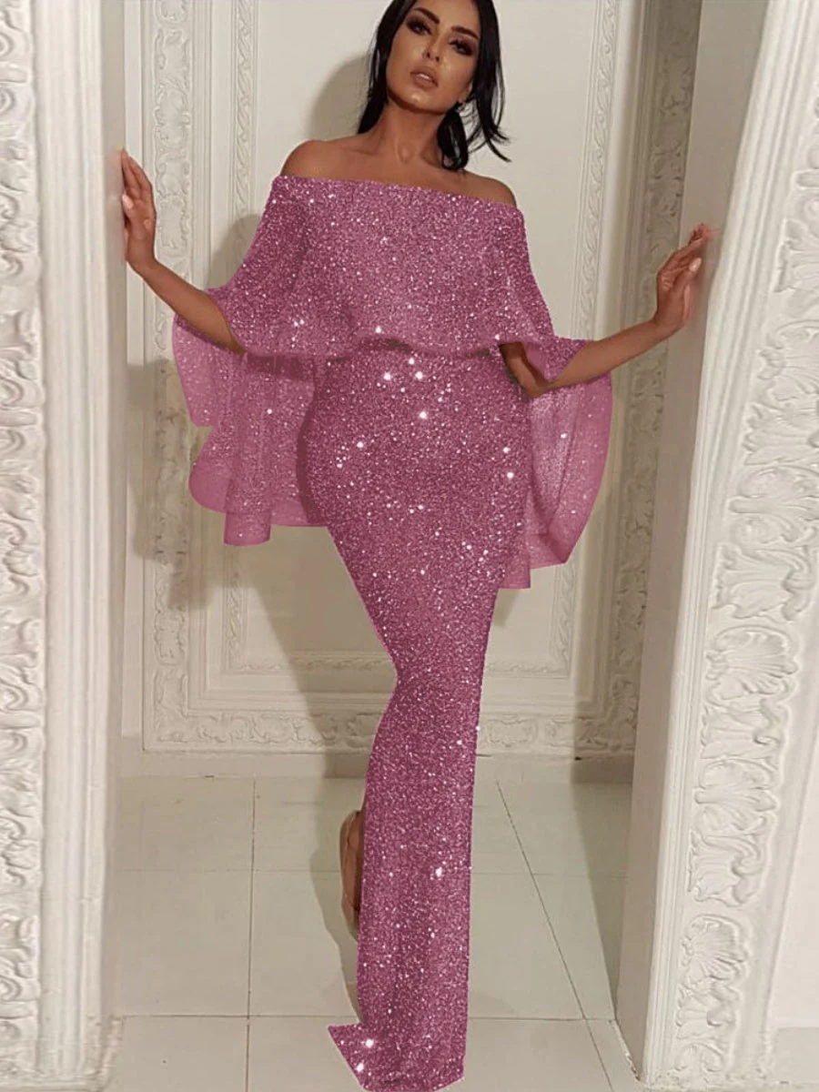 Ruffled One-shoulder Dress Sequins Maxi Dresses - Image 2