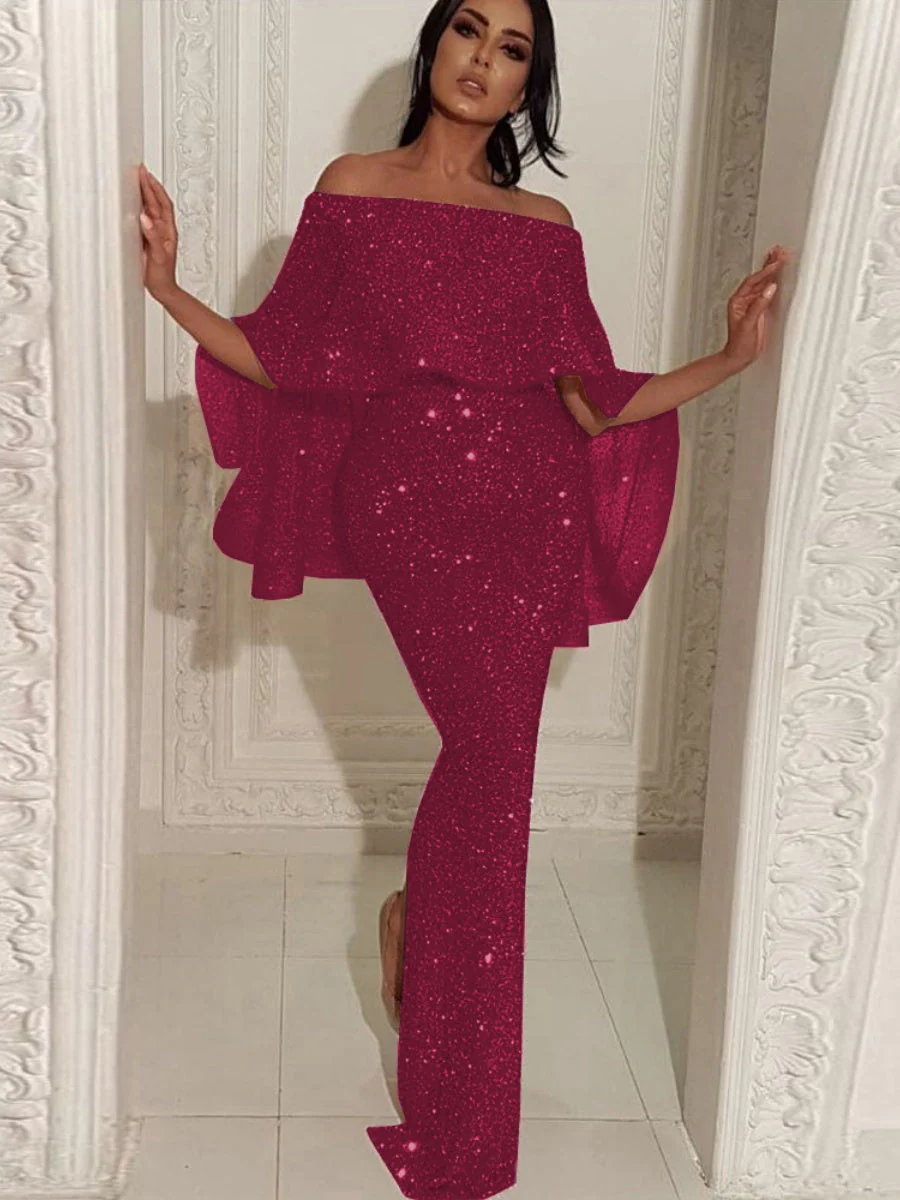 Ruffled One-shoulder Dress Sequins Maxi Dresses - Image 3