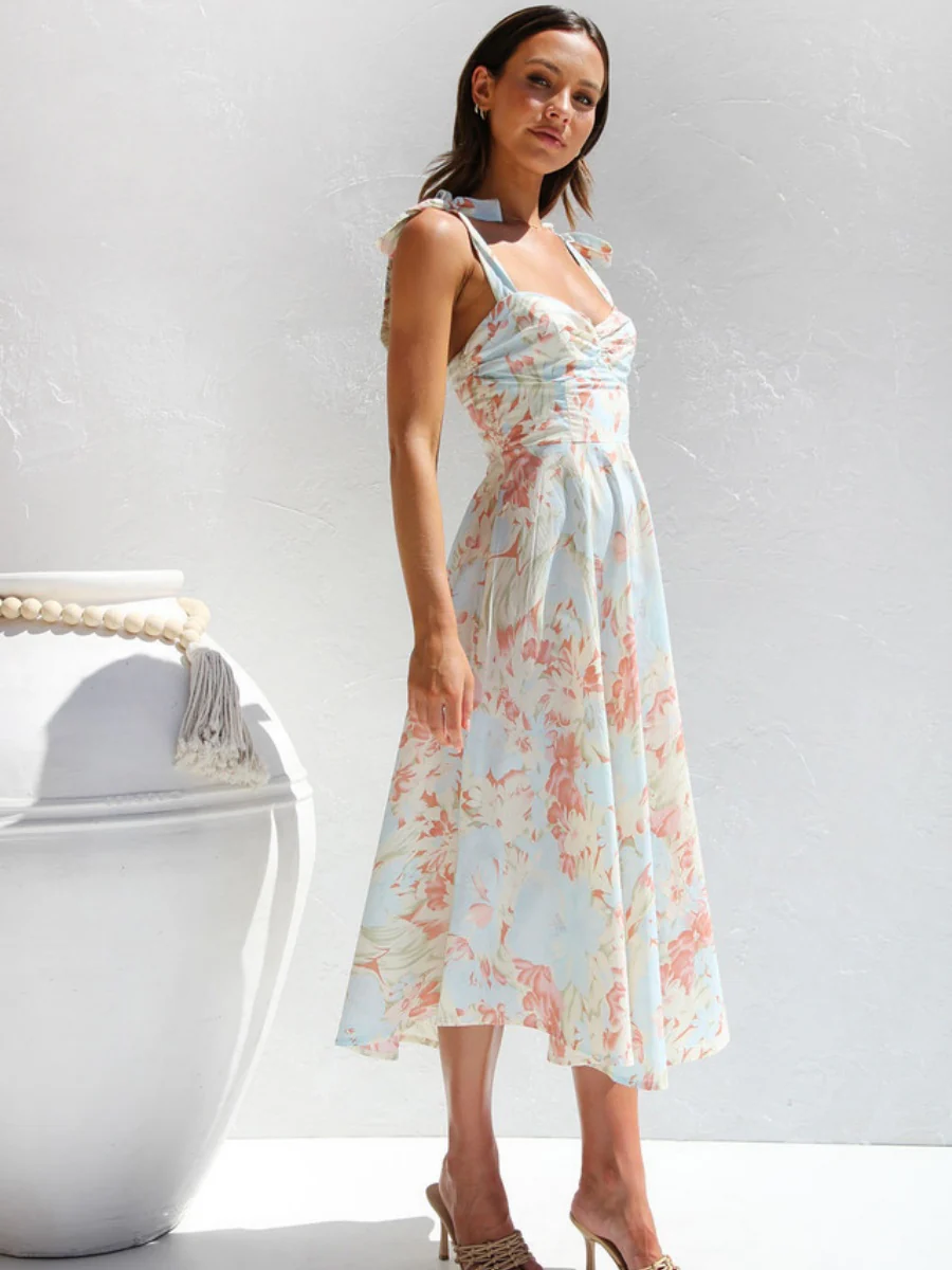 Floral Bandage Waist Midi Dresses - Image 12