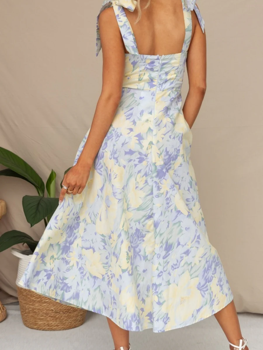 Floral Bandage Waist Midi Dresses - Image 3