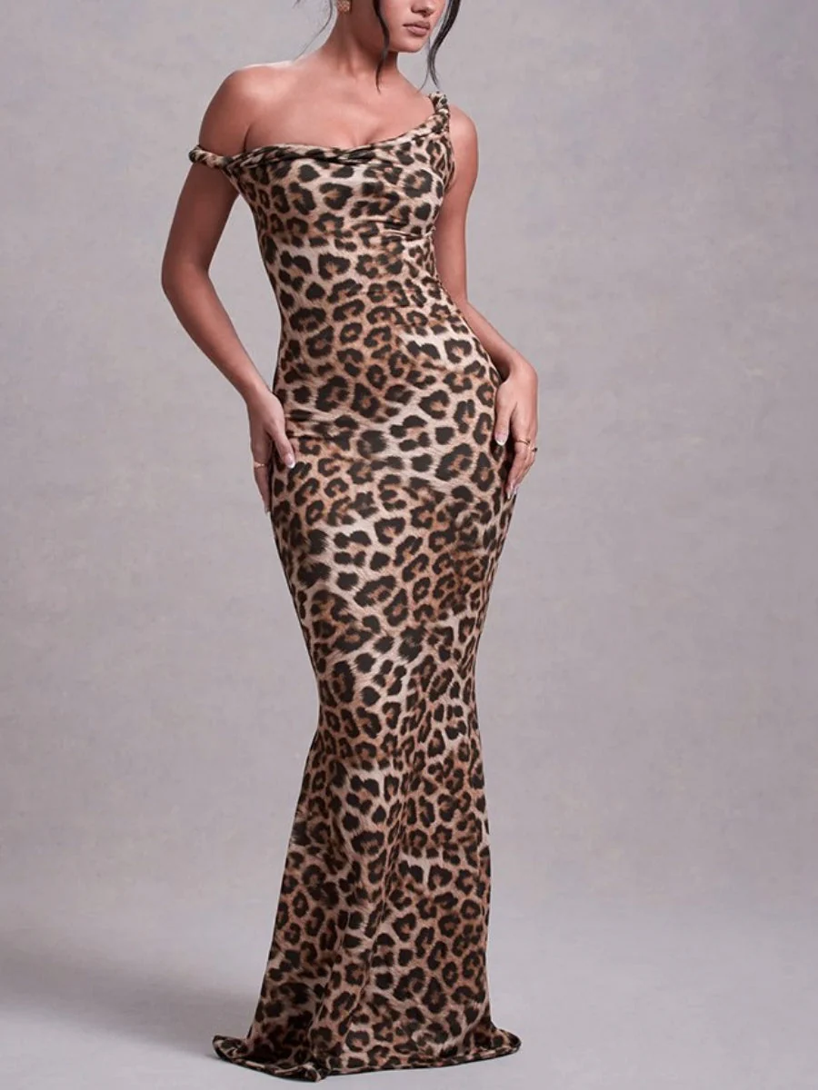 Milk Silk Leopard Print Printed Slim-fit Hip-hugging Maxi Dresses