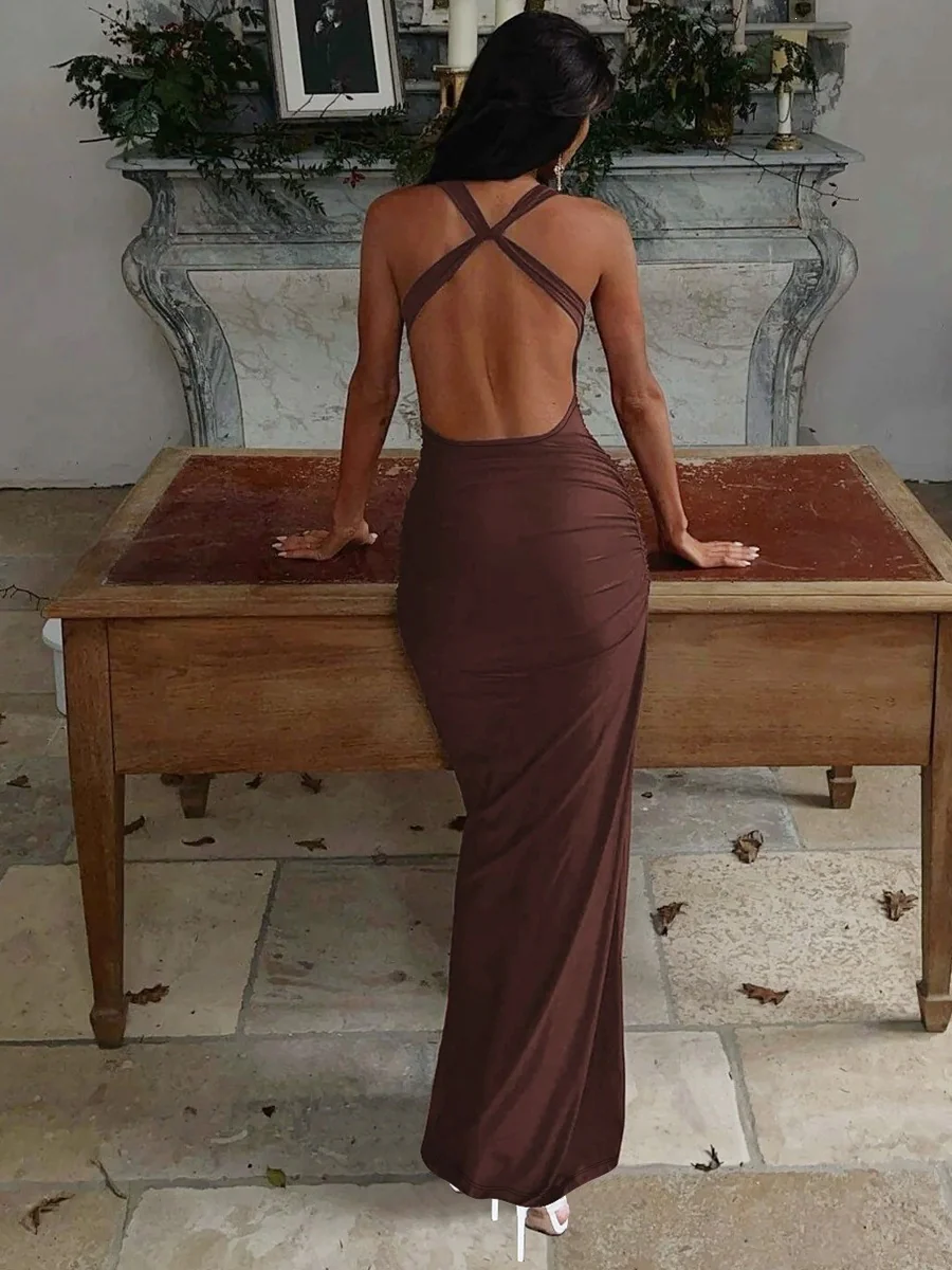 Swing Collar Halter Metal Decoration Maxi Dresses - Image 4