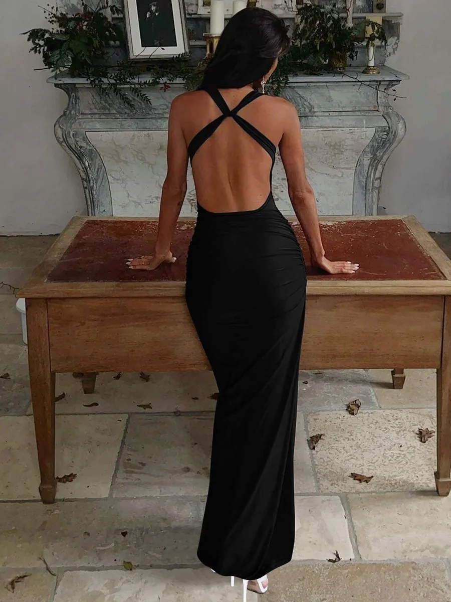 Swing Collar Halter Metal Decoration Maxi Dresses - Image 8