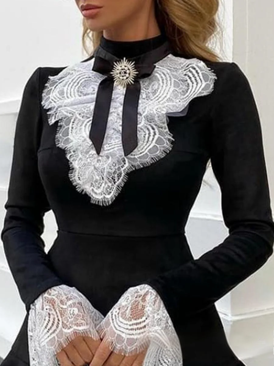 Velvet Black Lace Stitching Waist Mini&Short Dresses - Image 3