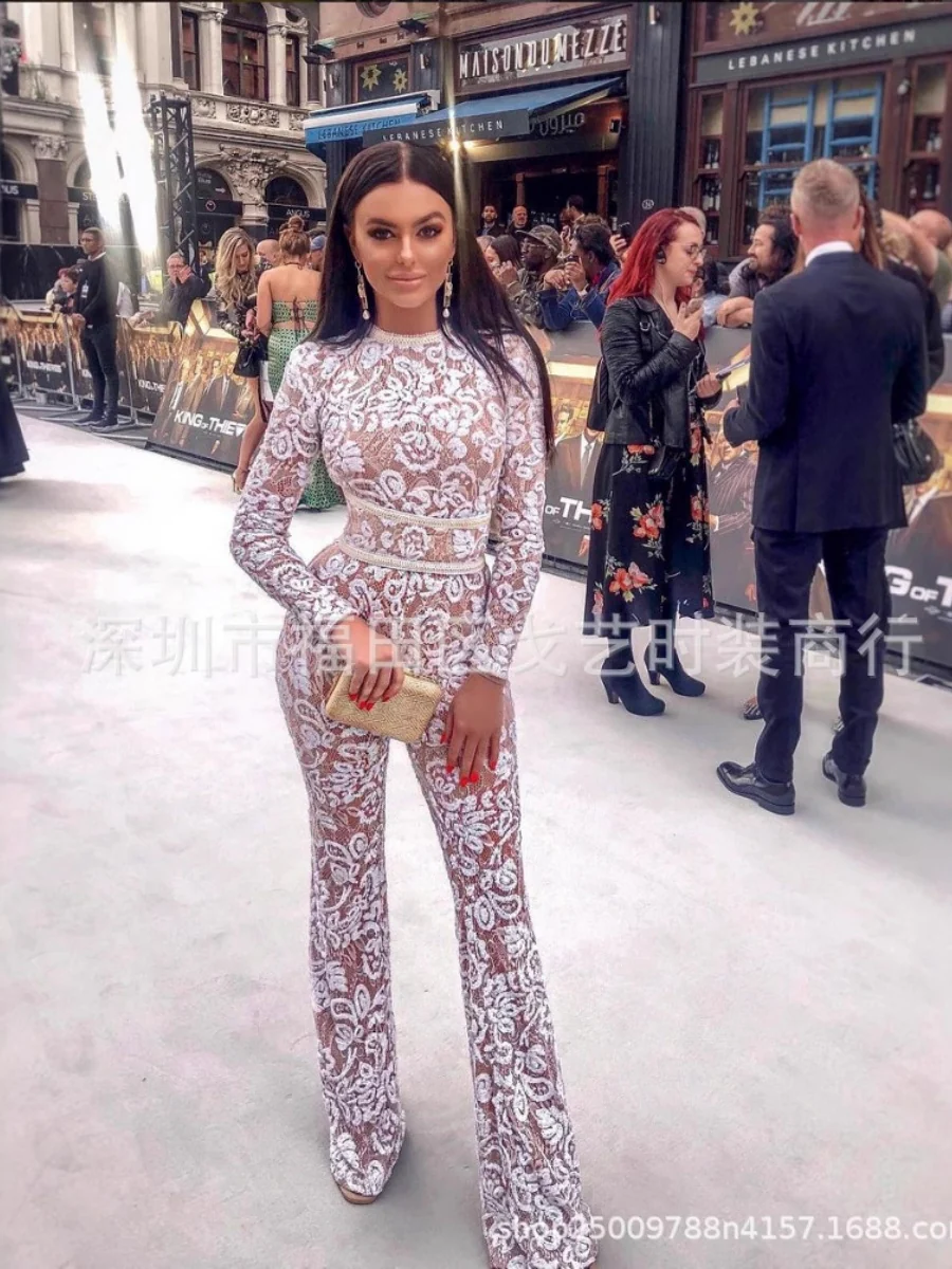 Lace-trimmed Bodycon Jumpsuit With Belt - Image 5