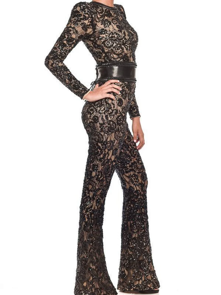 Lace-trimmed Bodycon Jumpsuit With Belt - Image 8