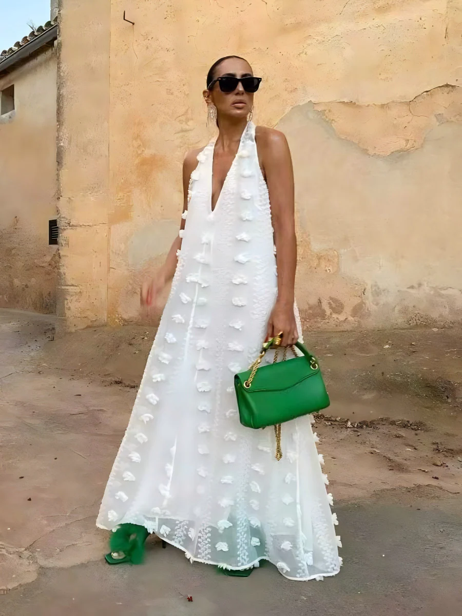 Halter-neck V-neck Long Dress With Flowing Ribbons - Image 6