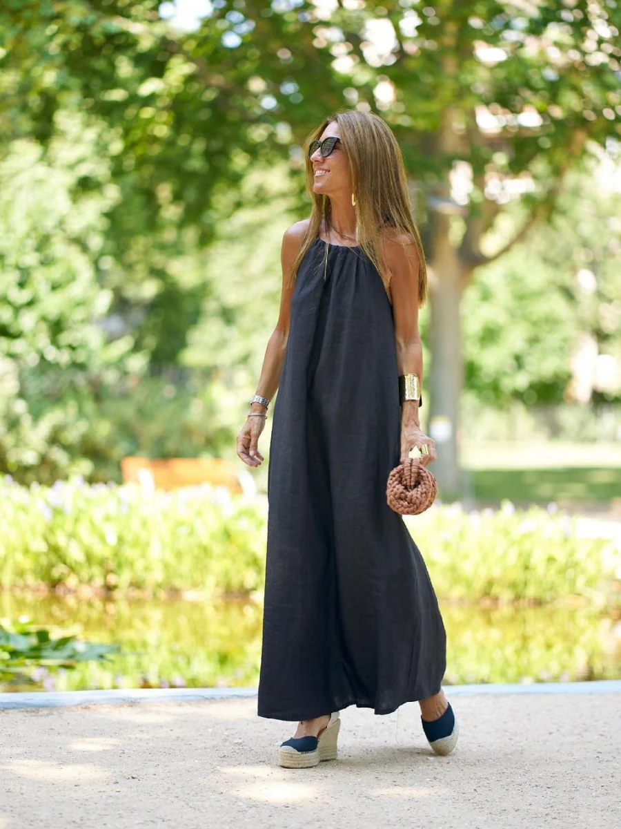 Halter Neck Slit Cotton And Linen Long Dress For Casual Vacations - Image 2