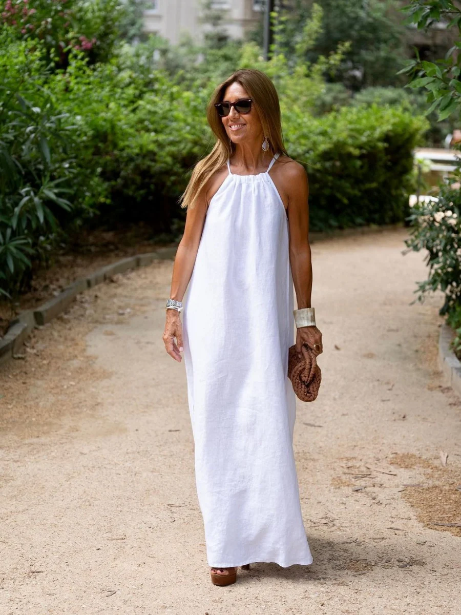 Halter Neck Slit Cotton And Linen Long Dress For Casual Vacations - Image 5