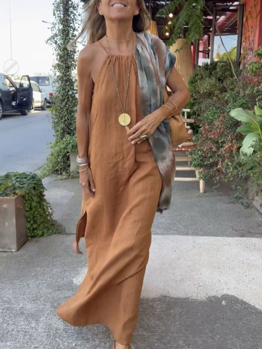 Halter Neck Slit Cotton And Linen Long Dress For Casual Vacations - Image 7