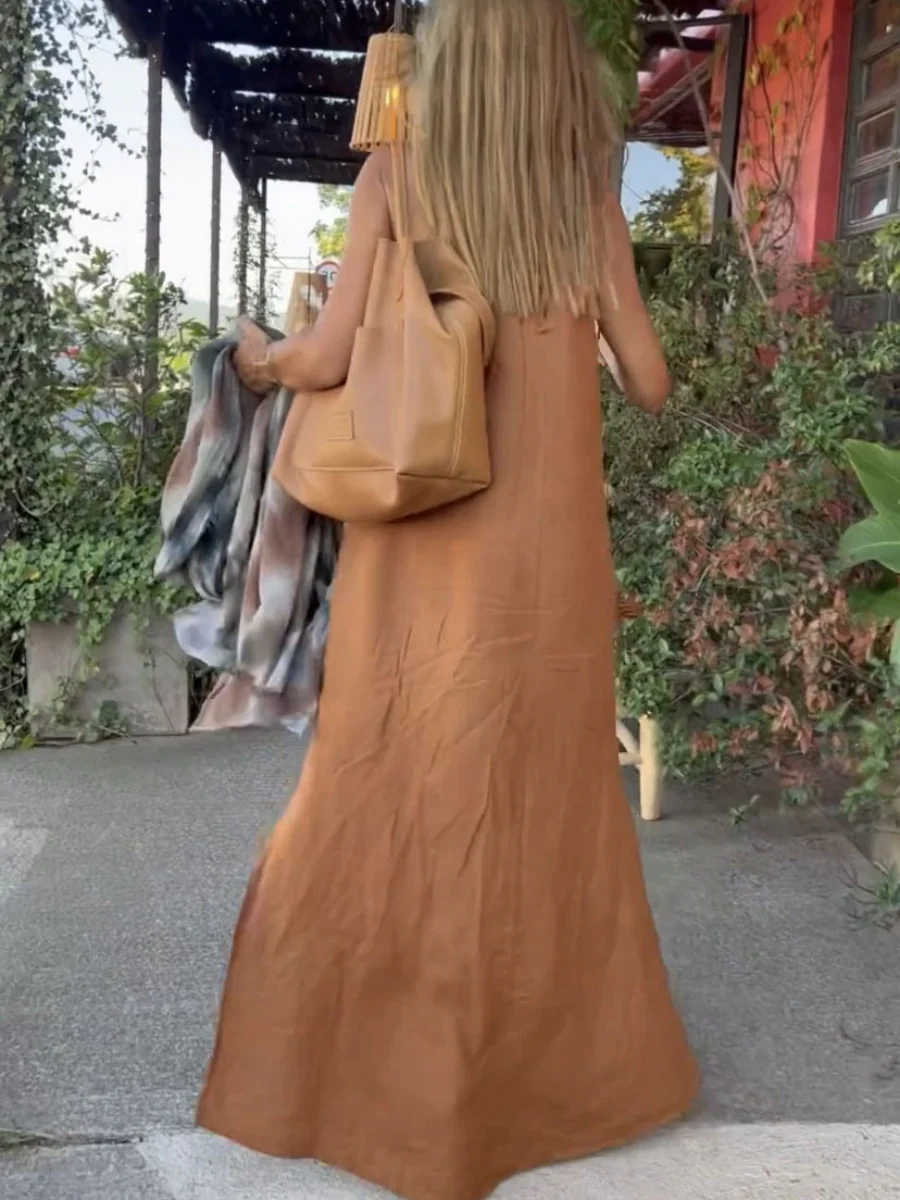 Halter Neck Slit Cotton And Linen Long Dress For Casual Vacations - Image 8