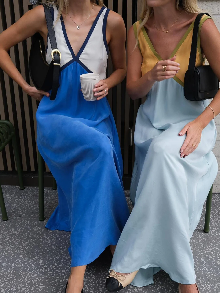 V-neck Sleeveless Color-blocked Maxi Dress - Image 2
