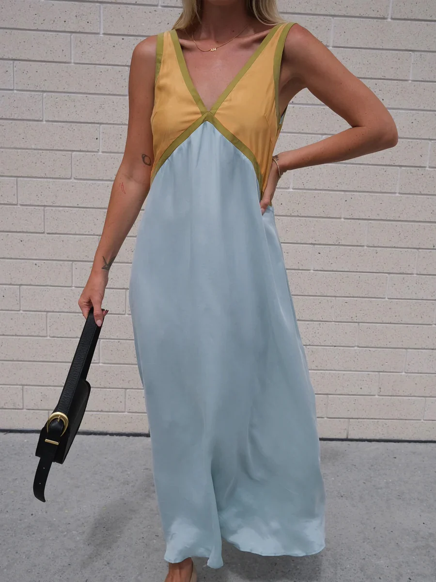 V-neck Sleeveless Color-blocked Maxi Dress - Image 4