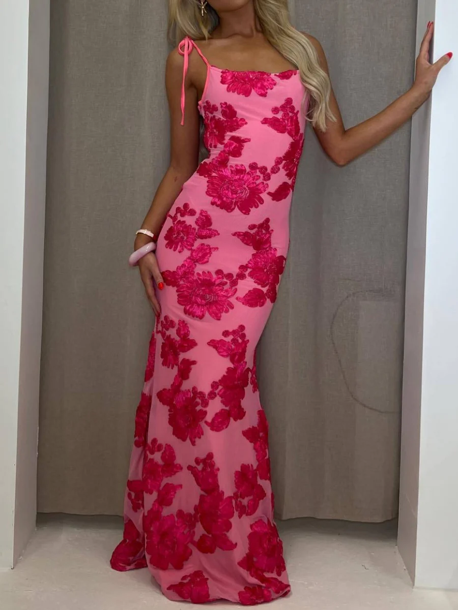 Sexy Halter-neck Bodycon Long Dress With Three-dimensional Floral Pattern - Image 2