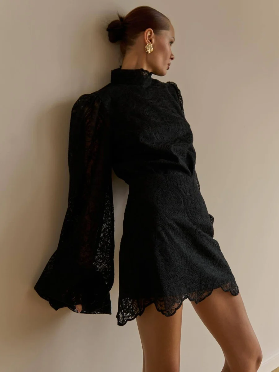 Lantern Sleeve High Neck Lace Two-piece Set - Image 13