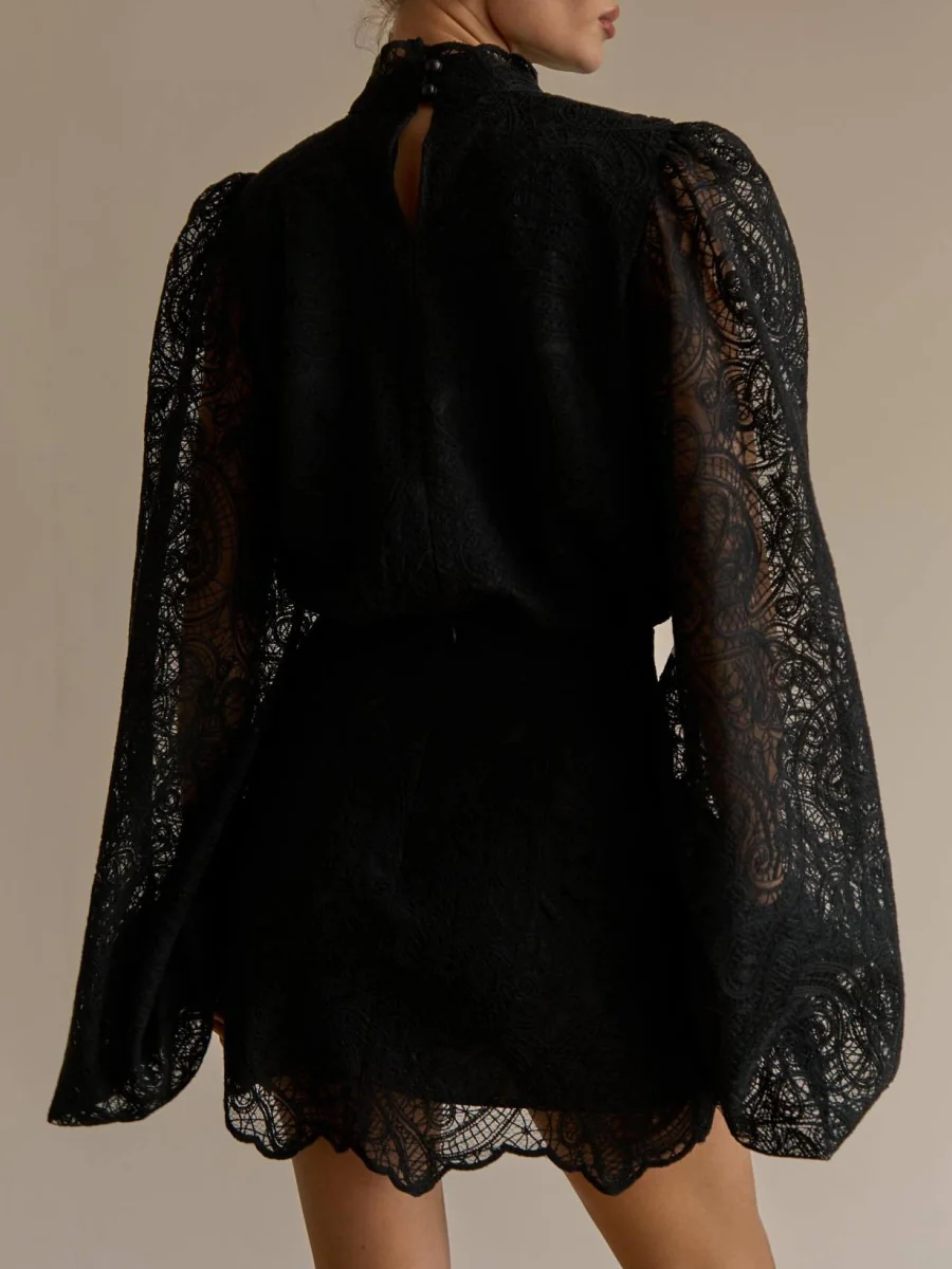 Lantern Sleeve High Neck Lace Two-piece Set - Image 14