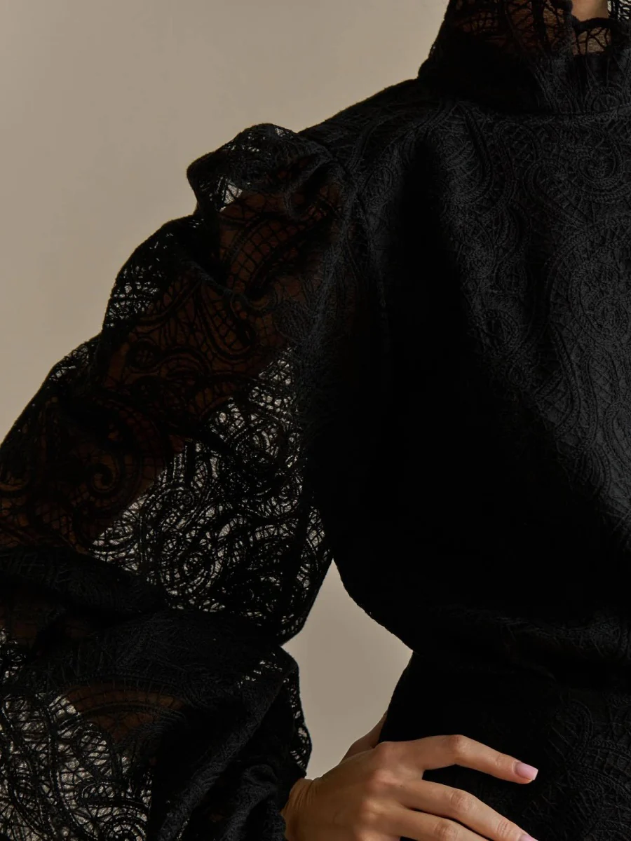Lantern Sleeve High Neck Lace Two-piece Set - Image 15