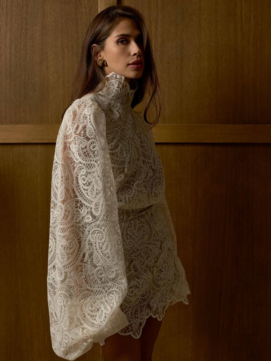Lantern Sleeve High Neck Lace Two-piece Set - Image 3