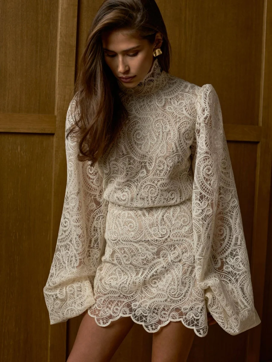Lantern Sleeve High Neck Lace Two-piece Set - Image 4