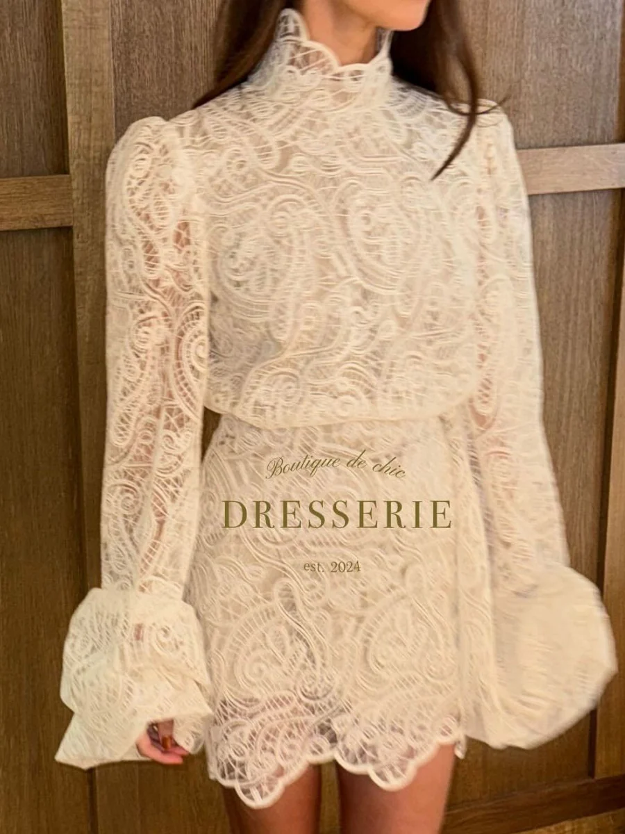 Lantern Sleeve High Neck Lace Two-piece Set - Image 7